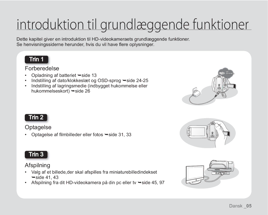 Samsung VP-HMX20C/XEE, VP-HMX20C/EDC manual Forberedelse, Optagelse, Afspilning 