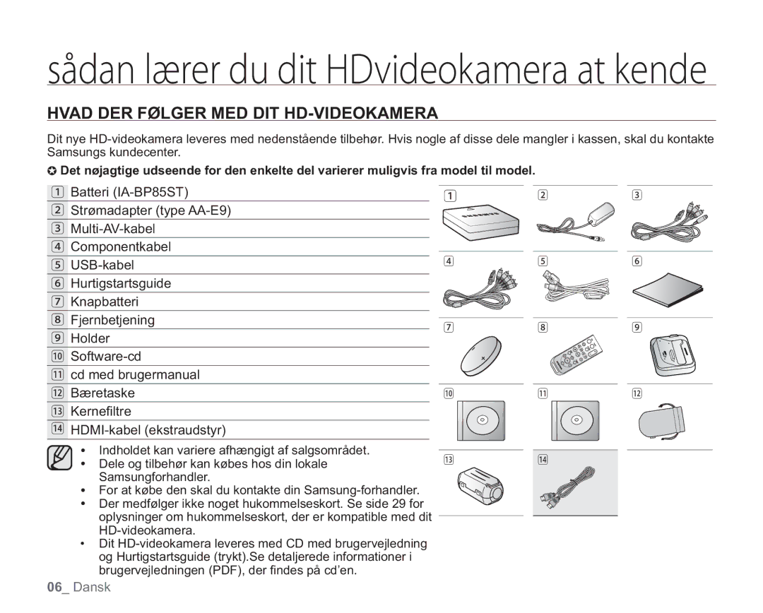 Samsung VP-HMX20C/EDC, VP-HMX20C/XEE manual TìeboMSfsEvEju%WjefplbnfsbBuLfoef, Hvad DER Følger MED DIT HD-VIDEOKAMERA 