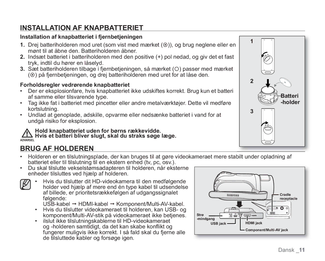 Samsung VP-HMX20C/XEE Installation AF Knapbatteriet, Brug AF Holderen, Installation af knapbatteriet i fjernbetjeningen 