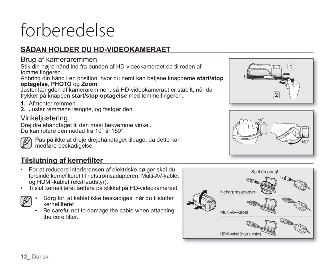 Samsung VP-HMX20C/EDC, VP-HMX20C/XEE manual Sådan Holder DU HD-VIDEOKAMERAET, Brug af kameraremmen, Vinkeljustering 