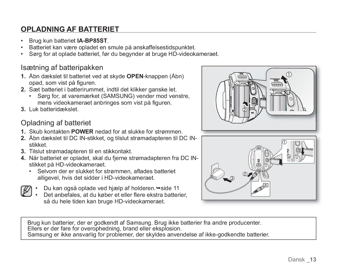 Samsung VP-HMX20C/XEE, VP-HMX20C/EDC manual Opladning AF Batteriet, Isætning af batteripakken, Opladning af batteriet 