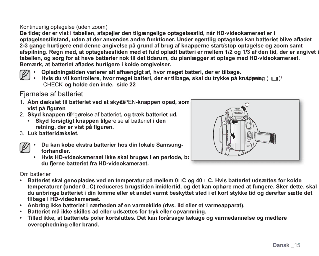 Samsung VP-HMX20C/XEE, VP-HMX20C/EDC manual Kontinuerlig optagelse uden zoom, Om batterier 