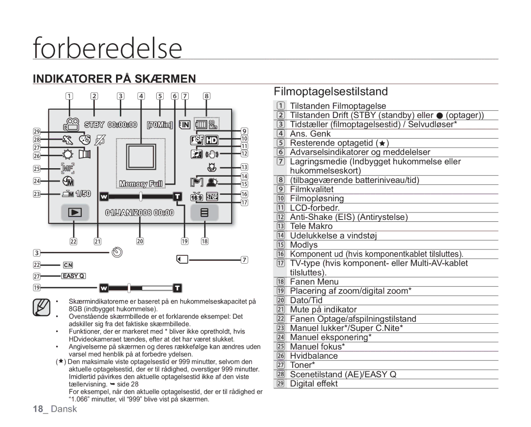 Samsung VP-HMX20C/EDC, VP-HMX20C/XEE manual Indikatorer PÅ Skærmen, Filmoptagelsestilstand 