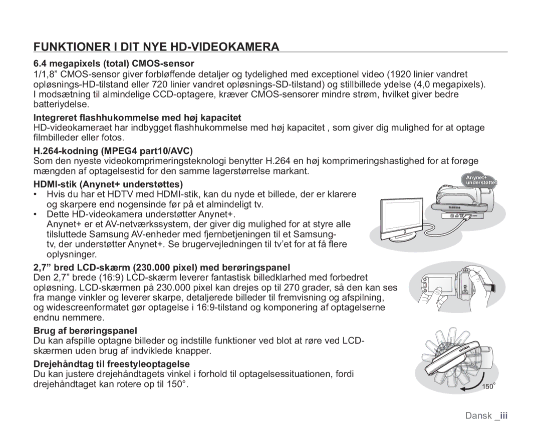 Samsung VP-HMX20C/XEE, VP-HMX20C/EDC manual Funktioner I DIT NYE HD-VIDEOKAMERA 