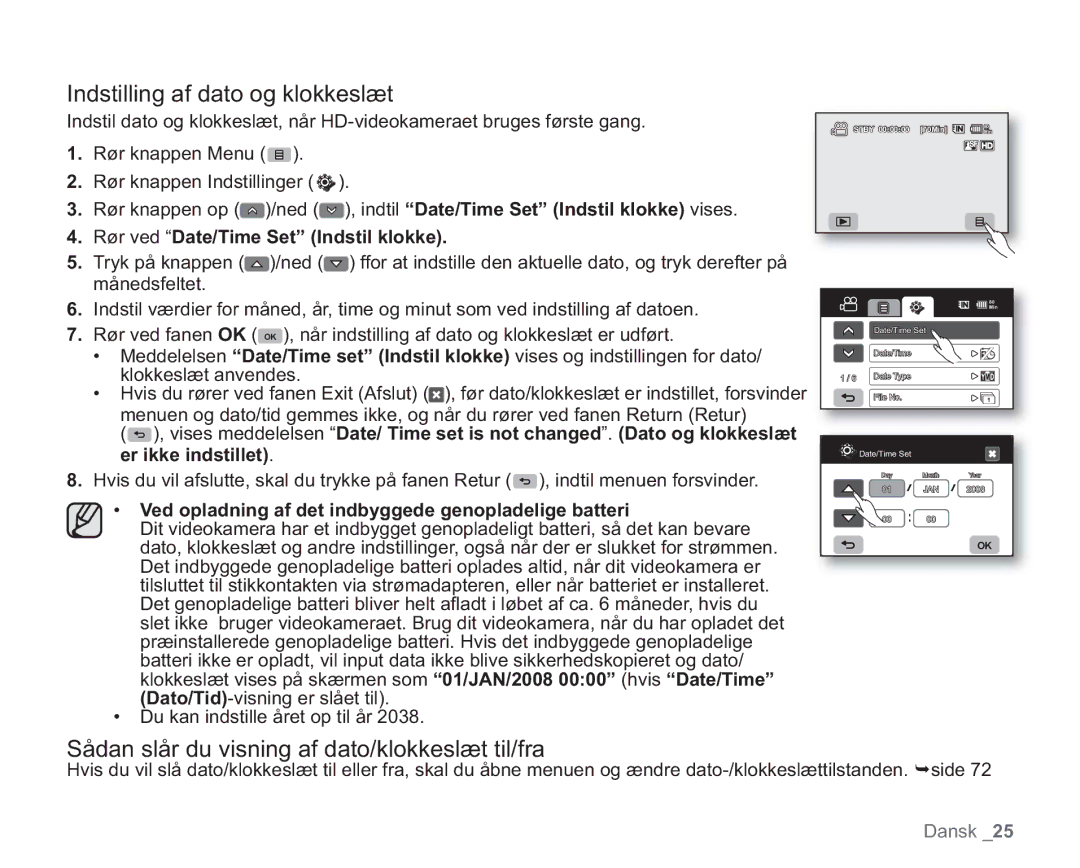 Samsung VP-HMX20C/XEE, VP-HMX20C/EDC Indstilling af dato og klokkeslæt, Sådan slår du visning af dato/klokkeslæt til/fra 