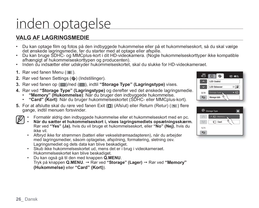 Samsung VP-HMX20C/EDC, VP-HMX20C/XEE manual JoefoPqubhfmtf, Valg AF Lagringsmedie, Hukommelse eller Card Kort 