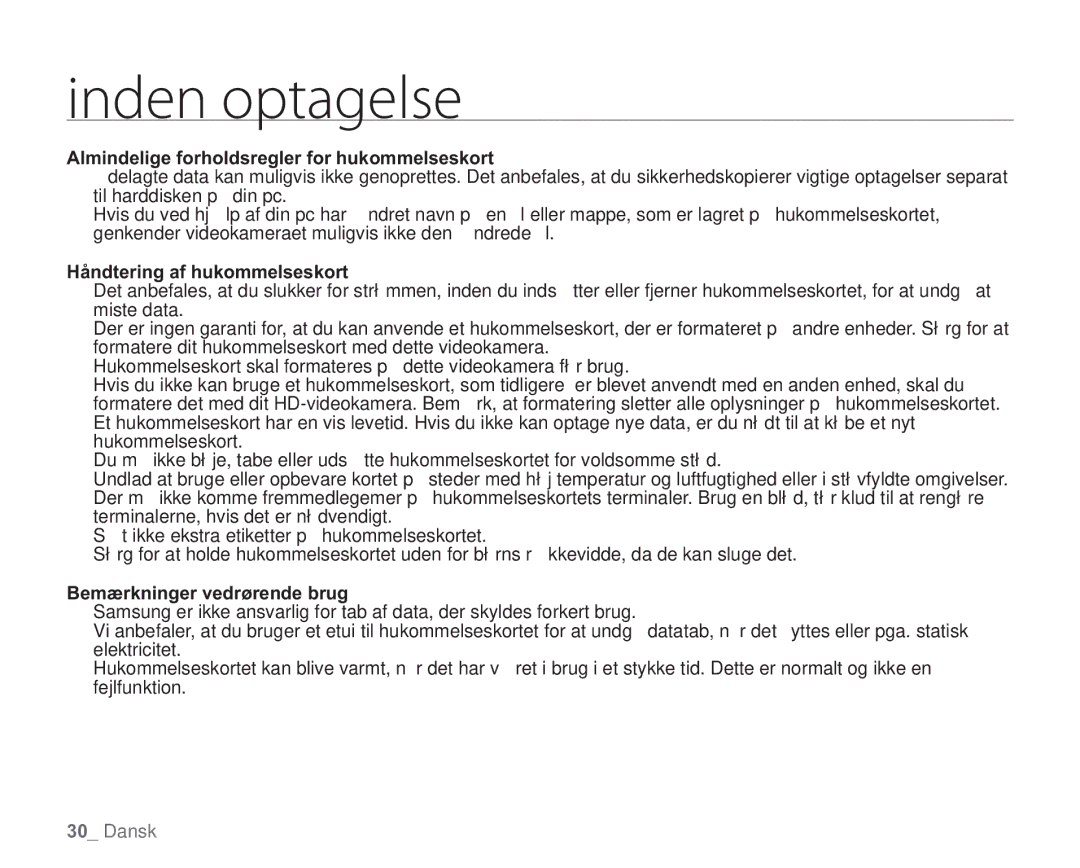 Samsung VP-HMX20C/EDC, VP-HMX20C/XEE manual Almindelige forholdsregler for hukommelseskort, Håndtering af hukommelseskort 