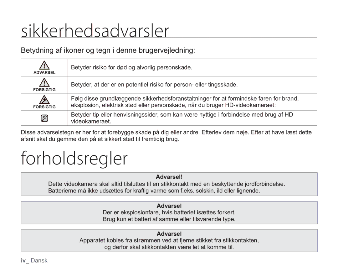 Samsung VP-HMX20C/EDC manual Tjllfsifetbewbstmfs, Gpsipmetsfhmfs, Betydning af ikoner og tegn i denne brugervejledning 