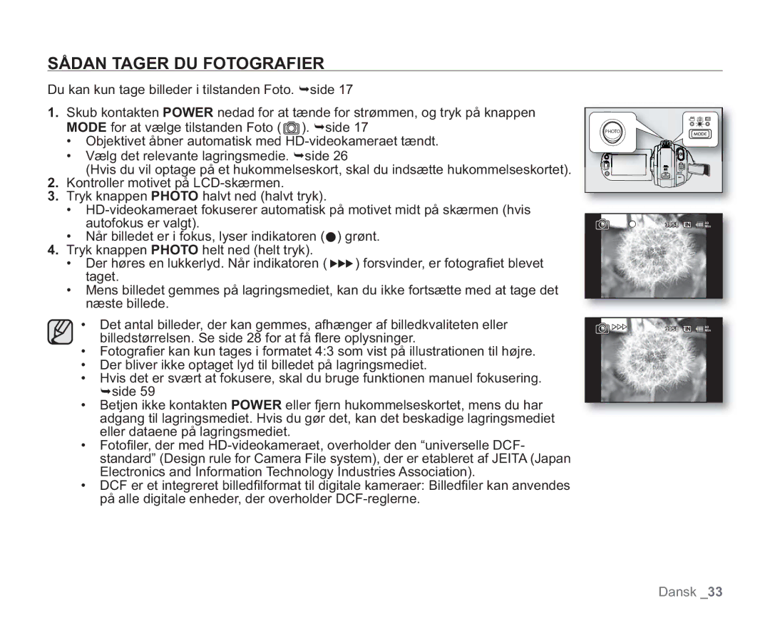 Samsung VP-HMX20C/XEE, VP-HMX20C/EDC manual Sådan Tager DU Fotografier 