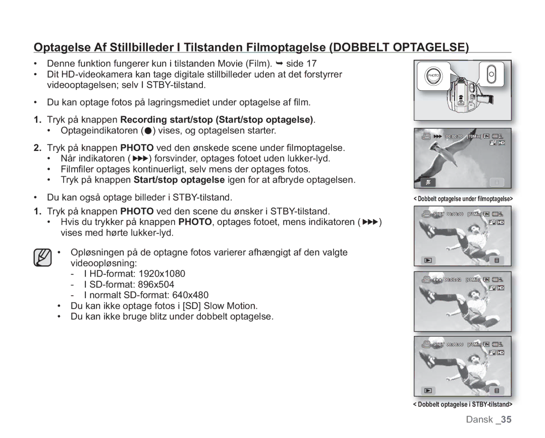 Samsung VP-HMX20C/XEE, VP-HMX20C/EDC manual Tryk på knappen Recording start/stop Start/stop optagelse 