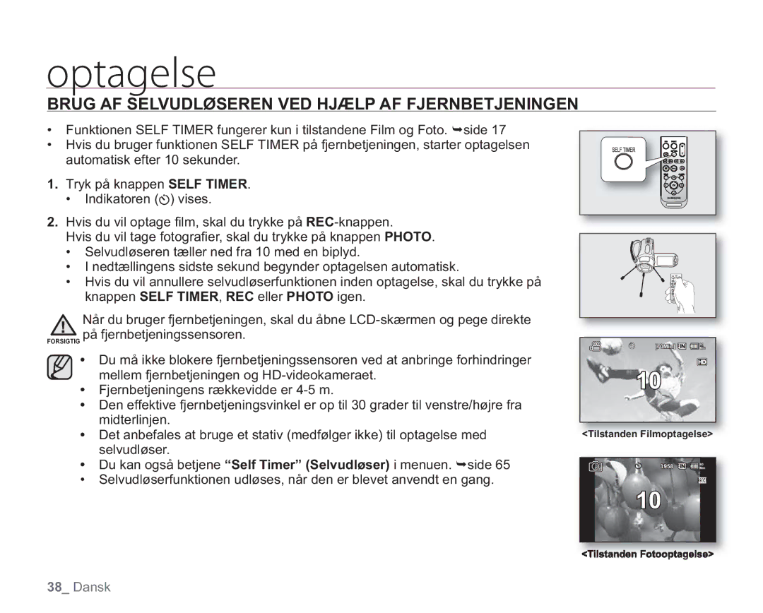 Samsung VP-HMX20C/EDC, VP-HMX20C/XEE manual Brug AF Selvudløseren VED Hjælp AF Fjernbetjeningen 