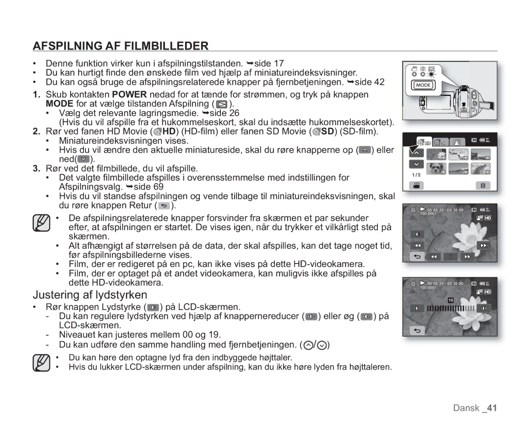 Samsung VP-HMX20C/XEE, VP-HMX20C/EDC manual Afspilning AF Filmbilleder, Justering af lydstyrken 