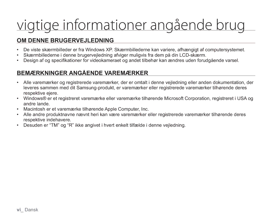 Samsung VP-HMX20C/EDC, VP-HMX20C/XEE manual OM Denne Brugervejledning, Bemærkninger Angående Varemærker 