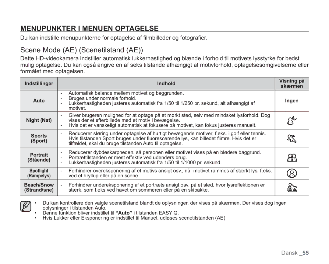 Samsung VP-HMX20C/XEE, VP-HMX20C/EDC manual Menupunkter I Menuen Optagelse, Scene Mode AE Scenetilstand AE 