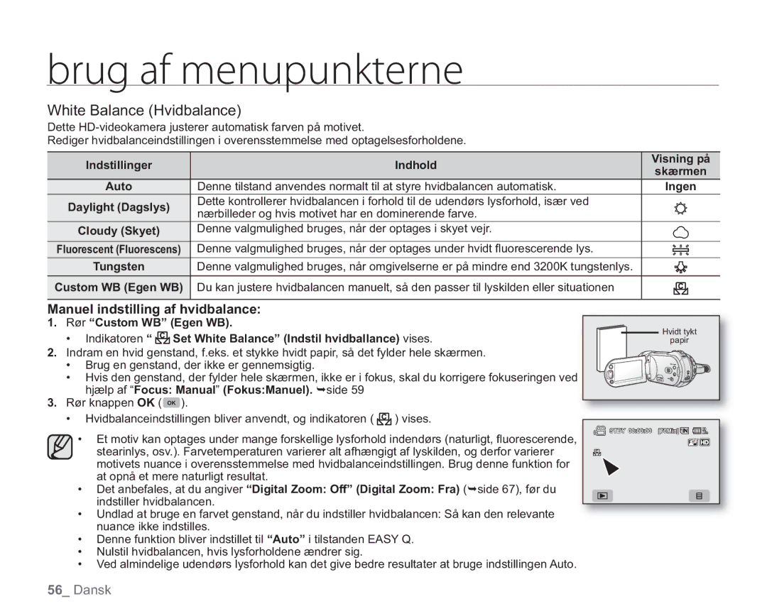 Samsung VP-HMX20C/EDC, VP-HMX20C/XEE manual White Balance Hvidbalance, Manuel indstilling af hvidbalance 