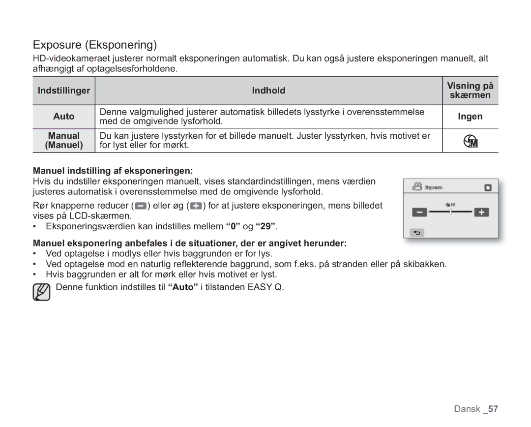 Samsung VP-HMX20C/XEE, VP-HMX20C/EDC Exposure Eksponering, Indstillinger Indhold Visning på, Med de omgivende lysforhold 