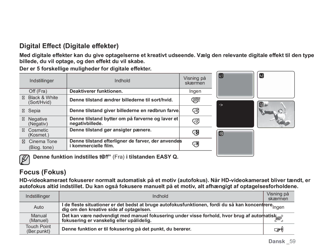 Samsung VP-HMX20C/XEE, VP-HMX20C/EDC manual Digital Effect Digitale effekter, Focus Fokus 