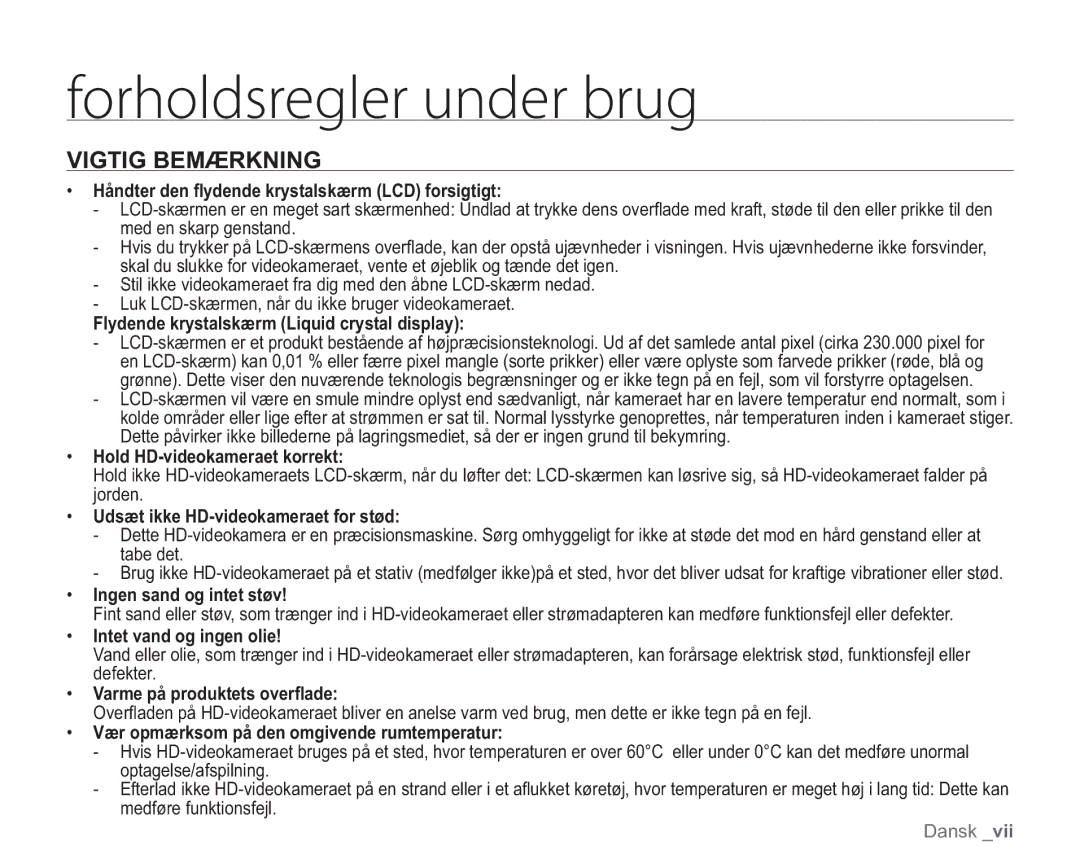 Samsung VP-HMX20C/XEE, VP-HMX20C/EDC manual Vigtig Bemærkning 