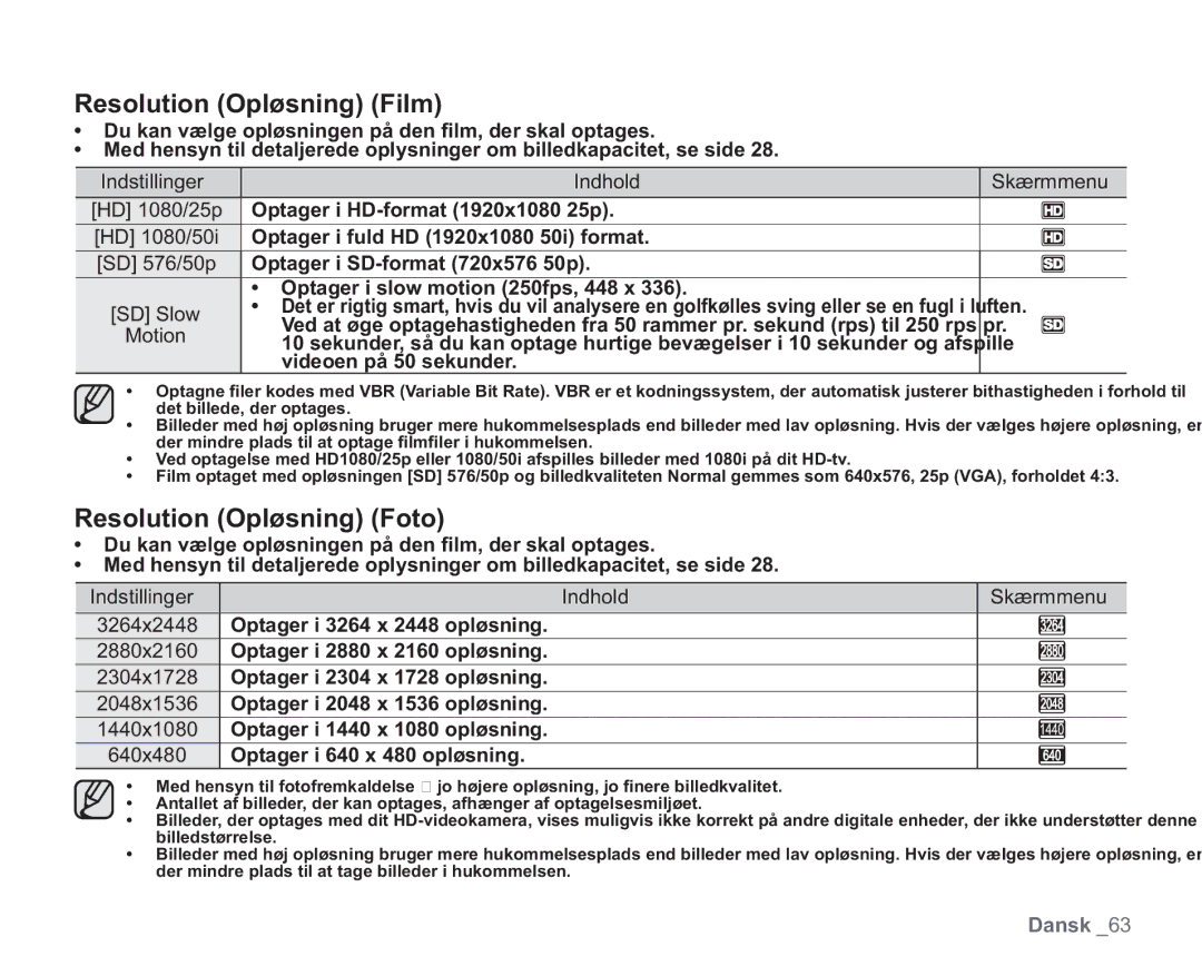 Samsung VP-HMX20C/XEE, VP-HMX20C/EDC manual Resolution Opløsning Film, Resolution Opløsning Foto 