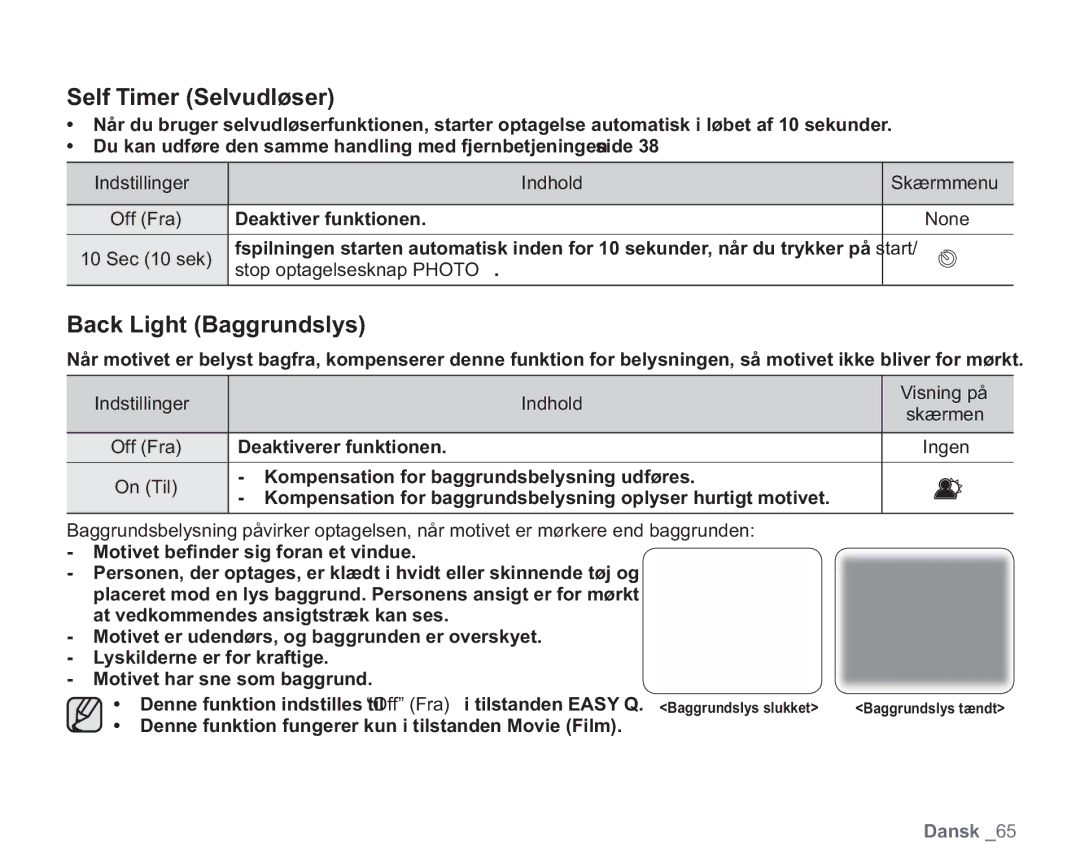 Samsung VP-HMX20C/XEE Self Timer Selvudløser, Back Light Baggrundslys, Deaktiver funktionen, Stop optagelsesknap Photo 