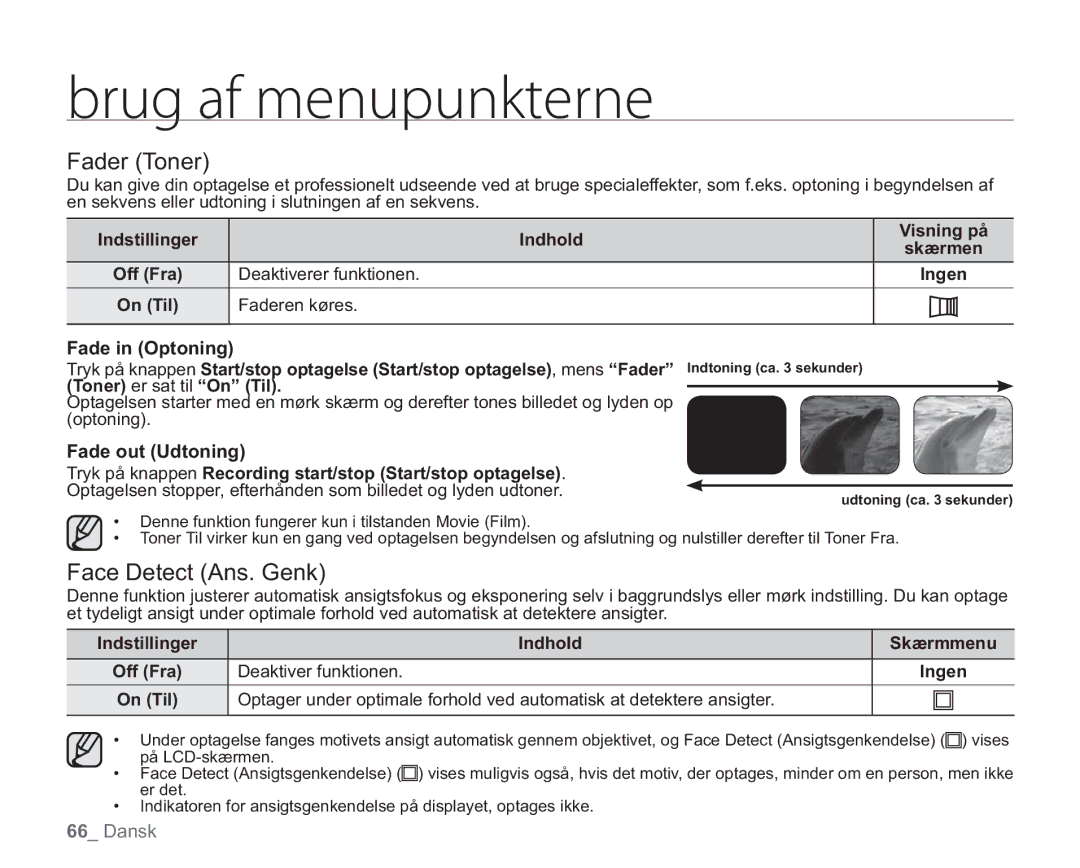 Samsung VP-HMX20C/EDC, VP-HMX20C/XEE manual Fader Toner, Face Detect Ans. Genk, Fade in Optoning, Fade out Udtoning 