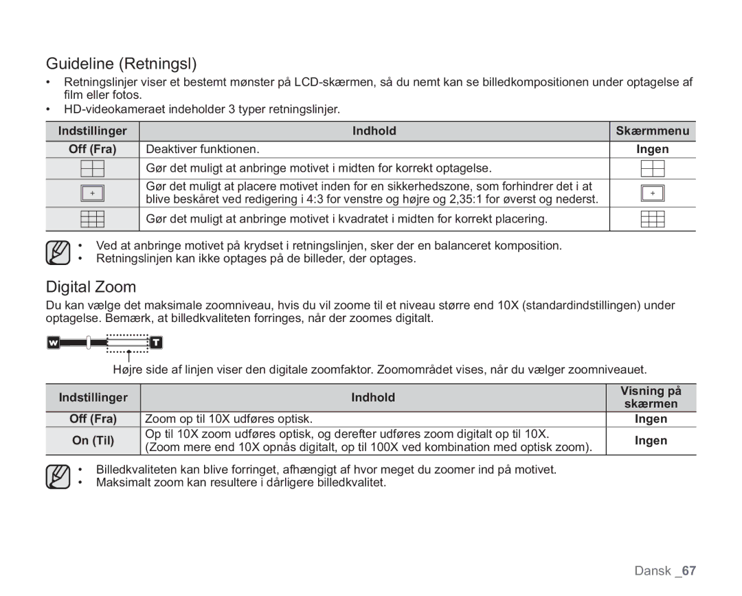 Samsung VP-HMX20C/XEE, VP-HMX20C/EDC manual Guideline Retningsl, Digital Zoom, Off Fra Deaktiver funktionen Ingen 