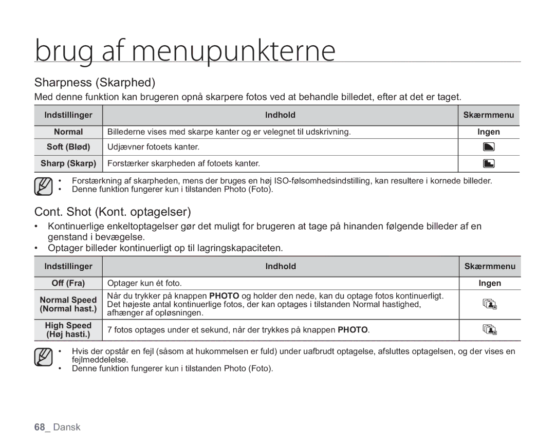 Samsung VP-HMX20C/EDC, VP-HMX20C/XEE manual Sharpness Skarphed, Cont. Shot Kont. optagelser, Udjævner fotoets kanter 