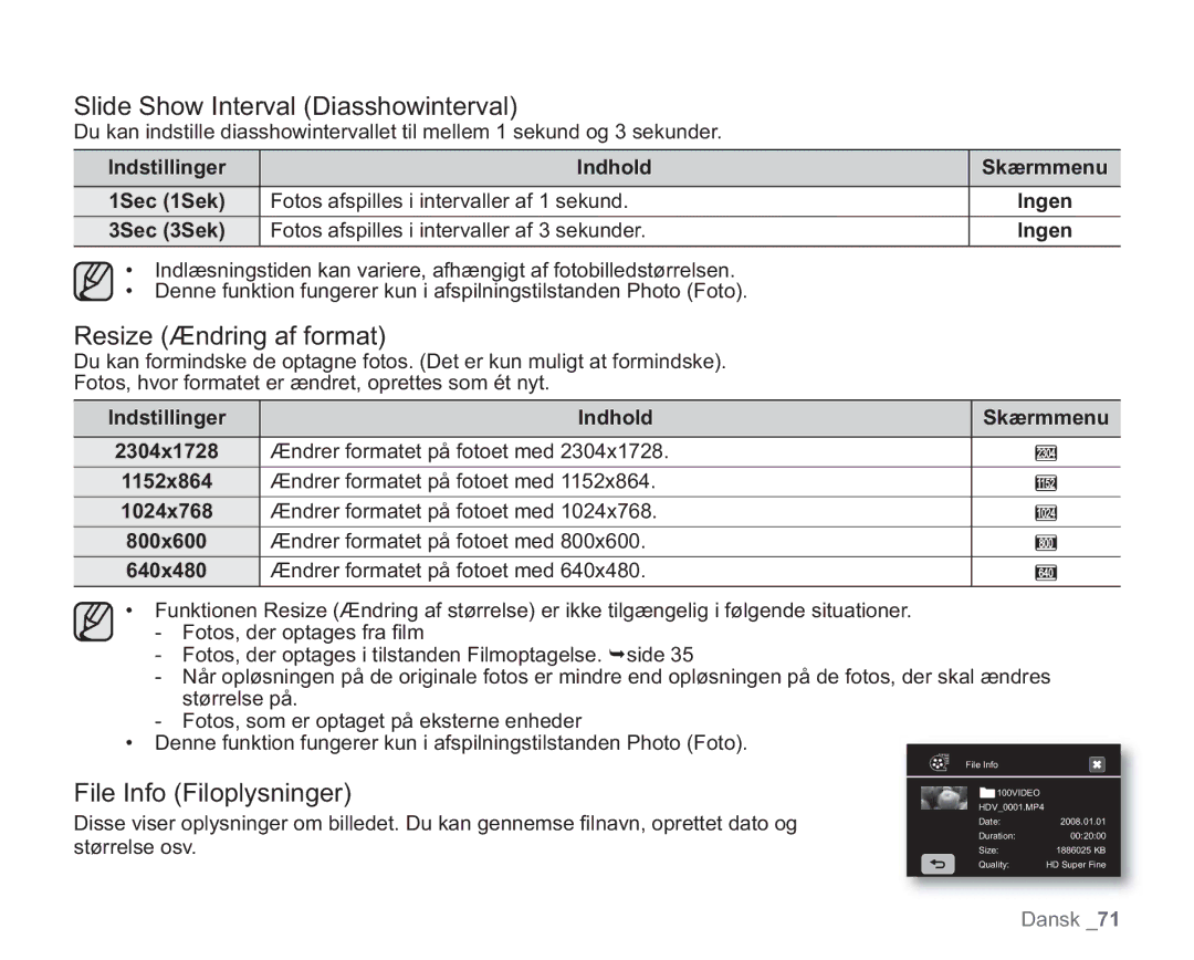 Samsung VP-HMX20C/XEE manual Slide Show Interval Diasshowinterval, Resize Ændring af format, File Info Filoplysninger 