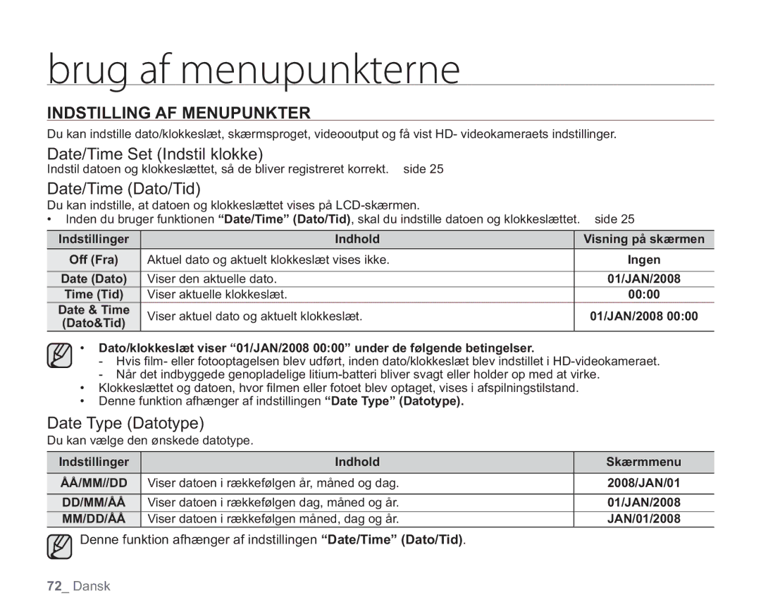 Samsung VP-HMX20C/EDC Indstilling AF Menupunkter, Date/Time Set Indstil klokke, Date/Time Dato/Tid, Date Type Datotype 