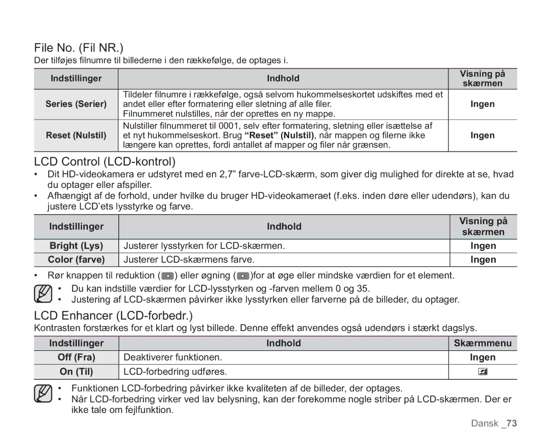 Samsung VP-HMX20C/XEE, VP-HMX20C/EDC manual File No. Fil NR, LCD Control LCD-kontrol, LCD Enhancer LCD-forbedr 