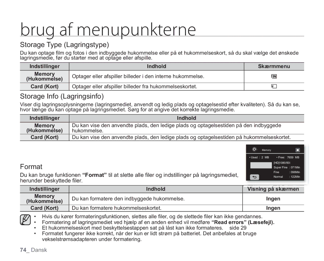 Samsung VP-HMX20C/EDC, VP-HMX20C/XEE manual Storage Type Lagringstype, Storage Info Lagringsinfo, Format 