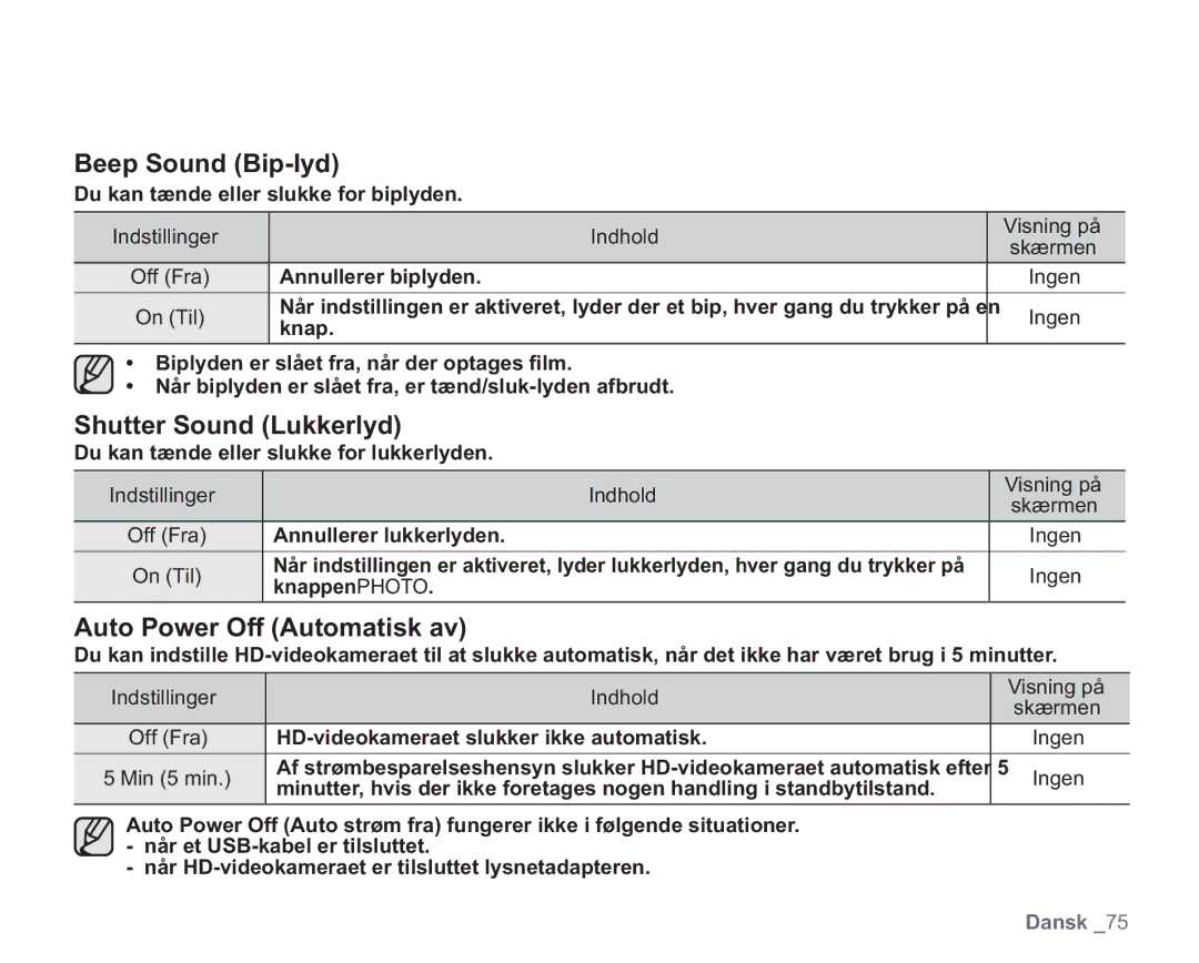 Samsung VP-HMX20C/XEE, VP-HMX20C/EDC manual Beep Sound Bip-lyd, Shutter Sound Lukkerlyd, Auto Power Off Automatisk av 