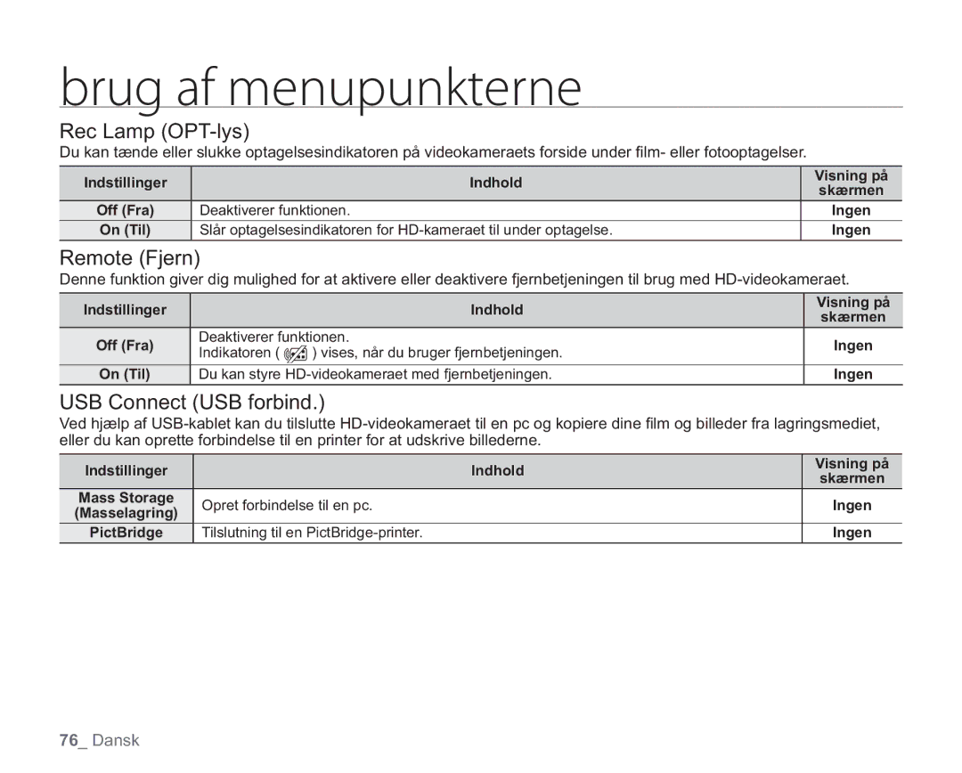Samsung VP-HMX20C/EDC, VP-HMX20C/XEE manual Rec Lamp OPT-lys, Remote Fjern, USB Connect USB forbind 