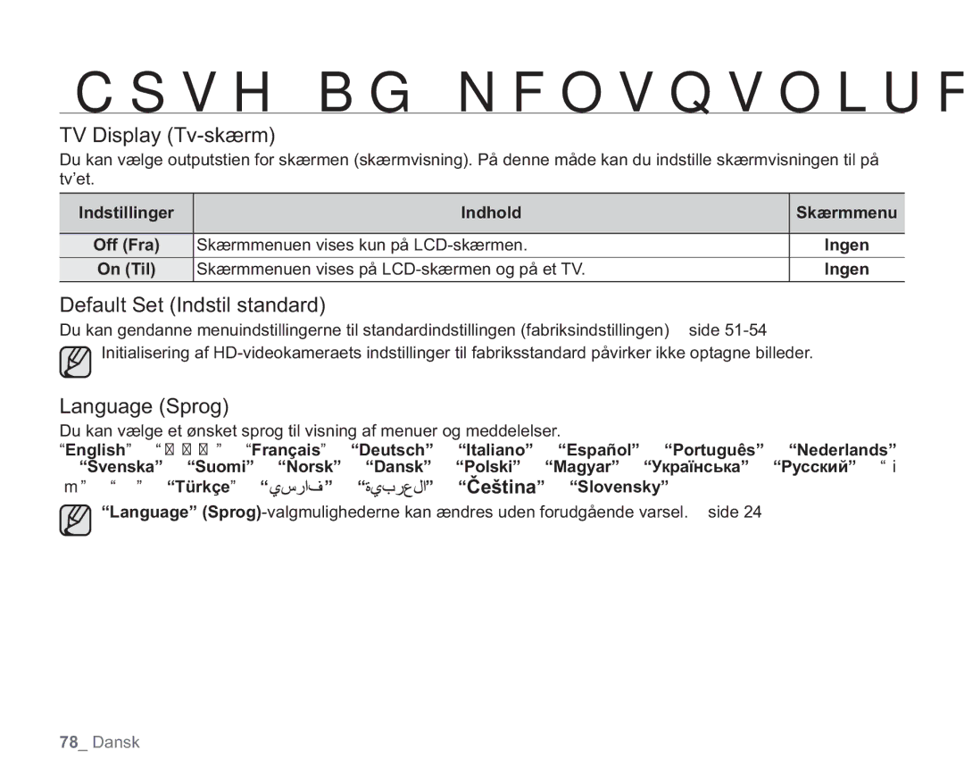 Samsung VP-HMX20C/EDC, VP-HMX20C/XEE manual TV Display Tv-skærm, Default Set Indstil standard, Language Sprog 