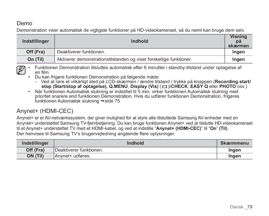 Samsung VP-HMX20C/XEE, VP-HMX20C/EDC manual Demo, Anynet+ HDMI-CEC, Indstillinger Indhold Visning, Anynet+ udføres 
