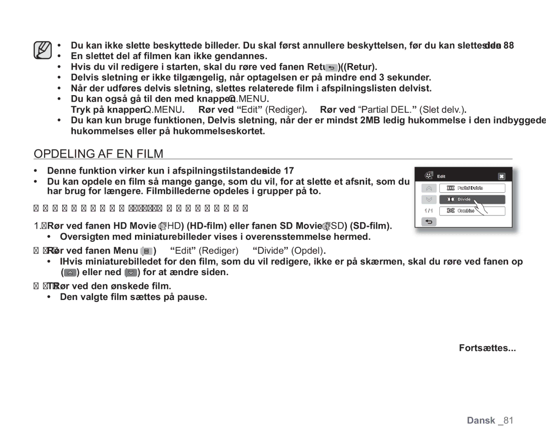 Samsung VP-HMX20C/XEE Opdeling AF EN Film, ÛˆÃÊ`ÕÊÛˆÊœ«`iiÊi˜ÊwÊ“, ÓÊ Rør ved fanen Menu Edit Rediger Divide Opdel 