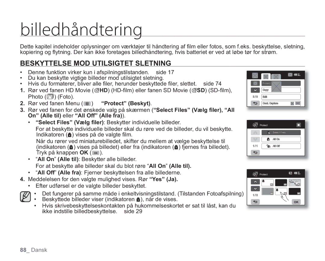 Samsung VP-HMX20C/EDC, VP-HMX20C/XEE manual Cjmmfeiìoeufsjoh, Beskyttelse MOD Utilsigtet Sletning 