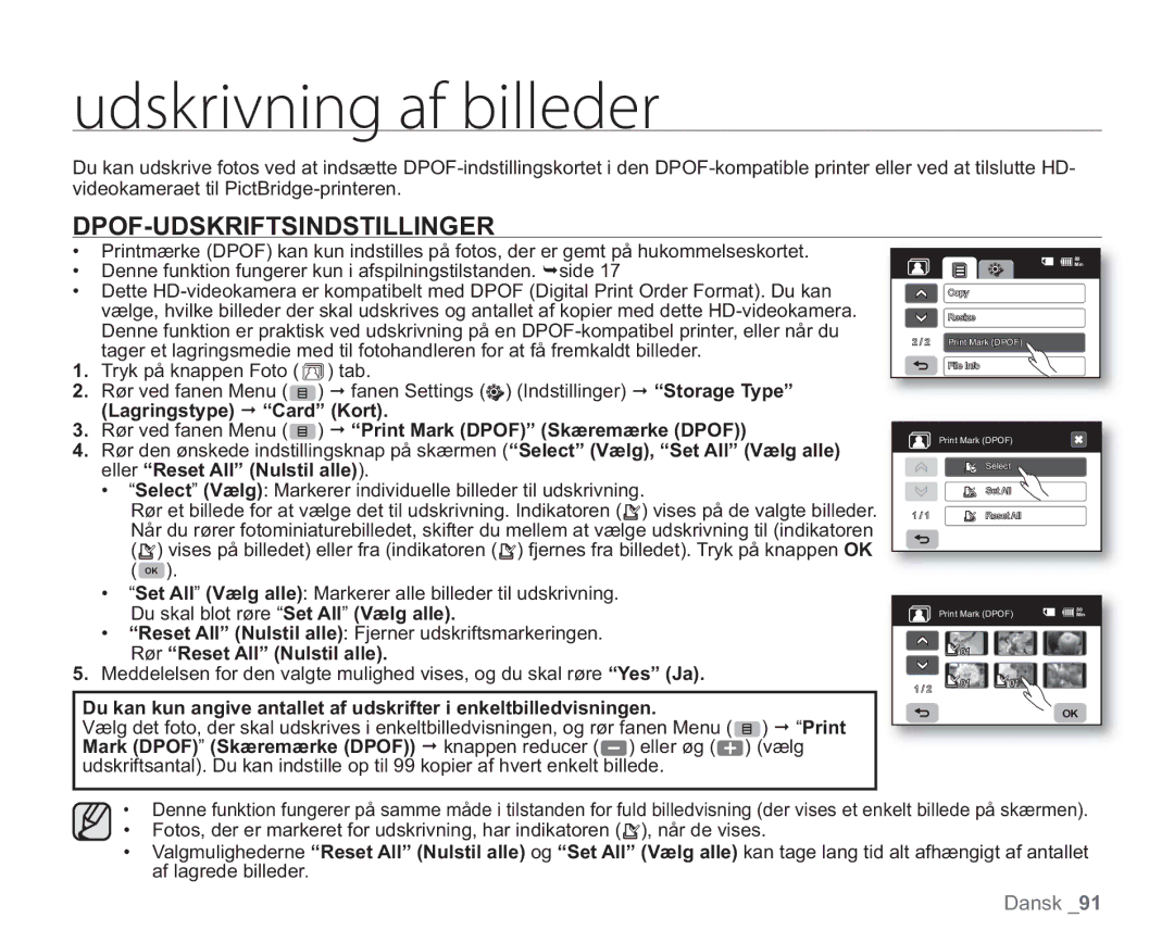 Samsung VP-HMX20C/XEE, VP-HMX20C/EDC manual VetlsjwojohBgCjmmfefs, Dpof-Udskriftsindstillinger 