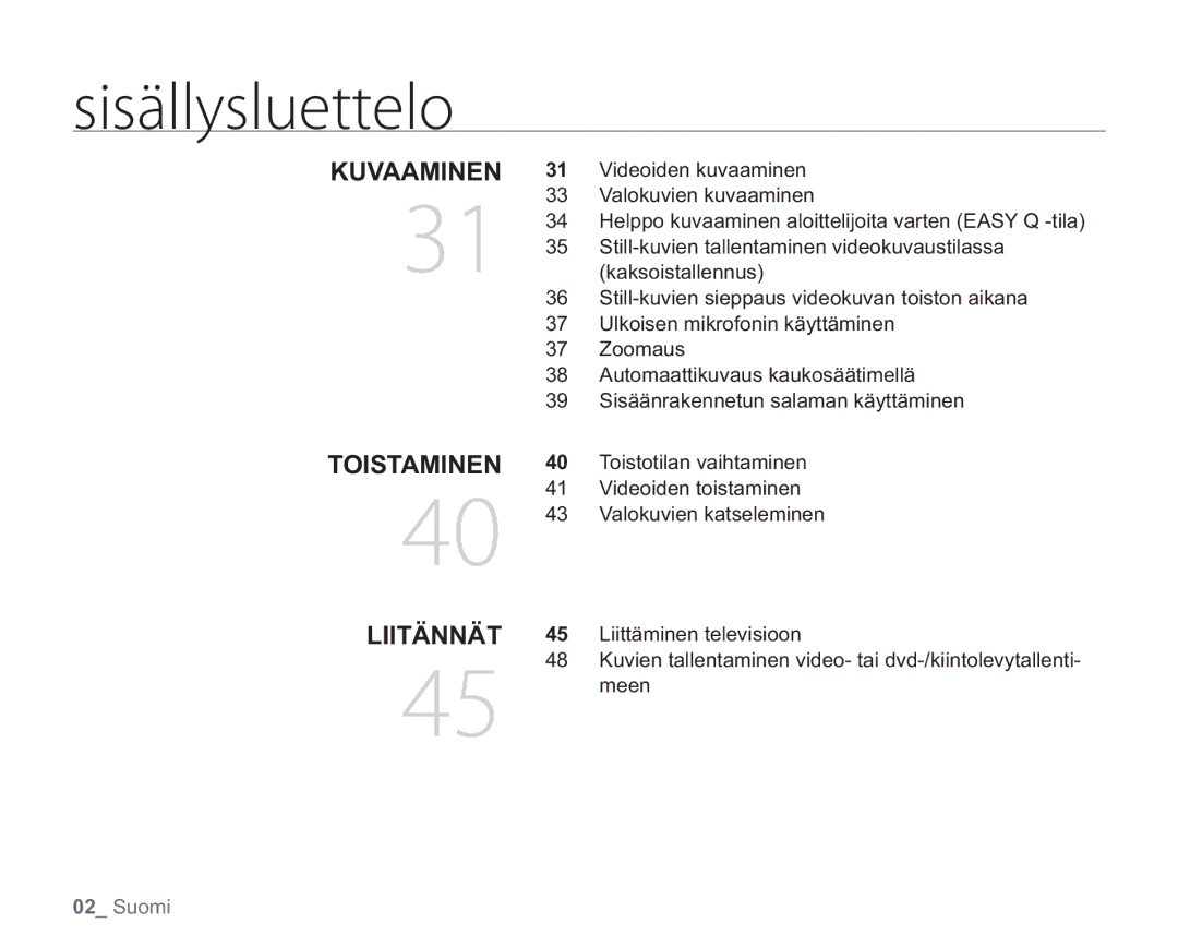 Samsung VP-HMX20C/EDC, VP-HMX20C/XEE manual Kuvaaminen, Toistaminen Liitännät 