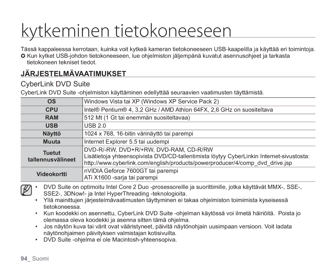 Samsung VP-HMX20C/EDC, VP-HMX20C/XEE manual LzulfnjofoUjfuplpofftffo, Järjestelmävaatimukset, CyberLink DVD Suite 