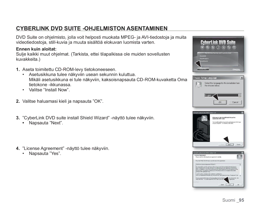 Samsung VP-HMX20C/XEE, VP-HMX20C/EDC manual Cyberlink DVD Suite -OHJELMISTON Asentaminen, Ennen kuin aloitat 