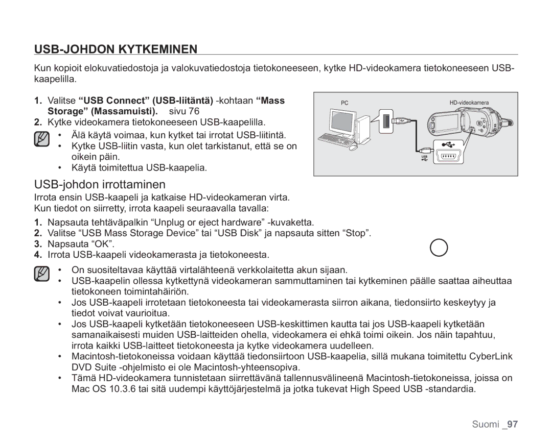 Samsung VP-HMX20C/XEE, VP-HMX20C/EDC manual USB-JOHDON Kytkeminen, USB-johdon irrottaminen 