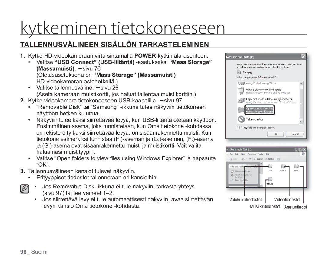 Samsung VP-HMX20C/EDC, VP-HMX20C/XEE manual Tallennusvälineen Sisällön Tarkasteleminen 