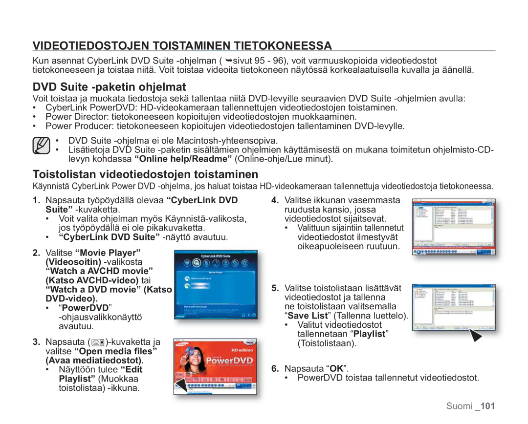 Samsung VP-HMX20C/XEE, VP-HMX20C/EDC manual Videotiedostojen Toistaminen Tietokoneessa, CyberLink DVD Suite -näyttö avautuu 