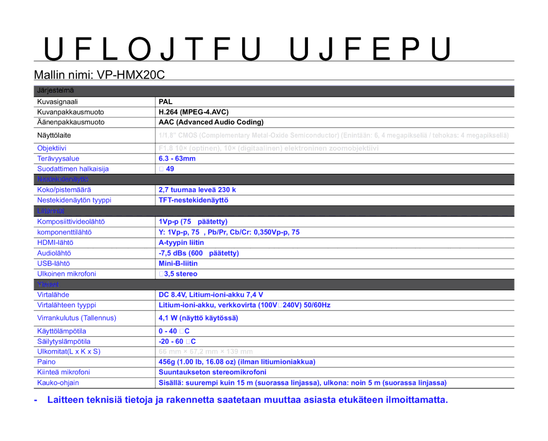 Samsung VP-HMX20C/XEE, VP-HMX20C/EDC manual UflojtfuUjfepu, Mallin nimi VP-HMX20C 