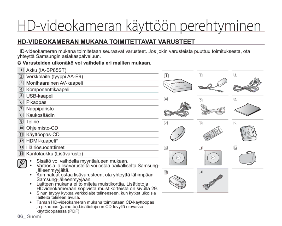 Samsung VP-HMX20C/EDC, VP-HMX20C/XEE manual HD-VIDEOKAMERAN Mukana Toimitettavat Varusteet 