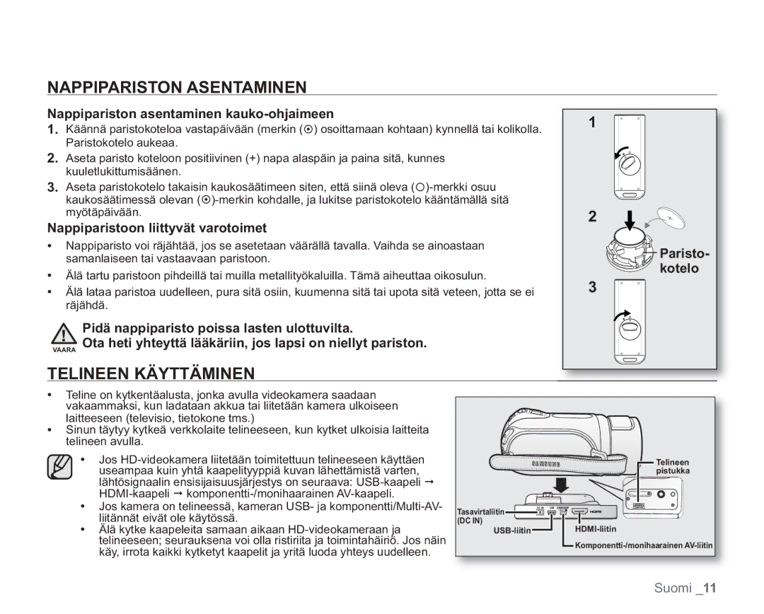 Samsung VP-HMX20C/XEE manual Nappipariston Asentaminen, Telineen Käyttäminen, Nappipariston asentaminen kauko-ohjaimeen 