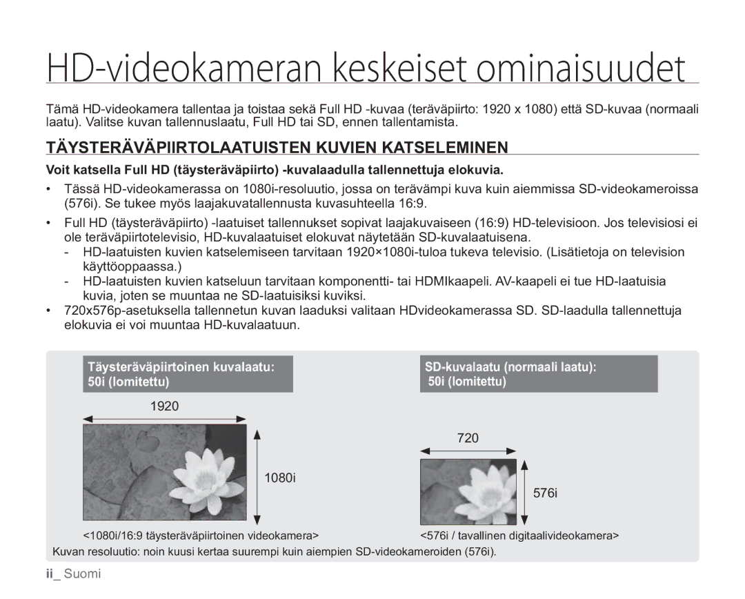 Samsung VP-HMX20C/EDC, VP-HMX20C/XEE manual Täysteräväpiirtolaatuisten Kuvien Katseleminen, 1920 1080i, 720 576i 