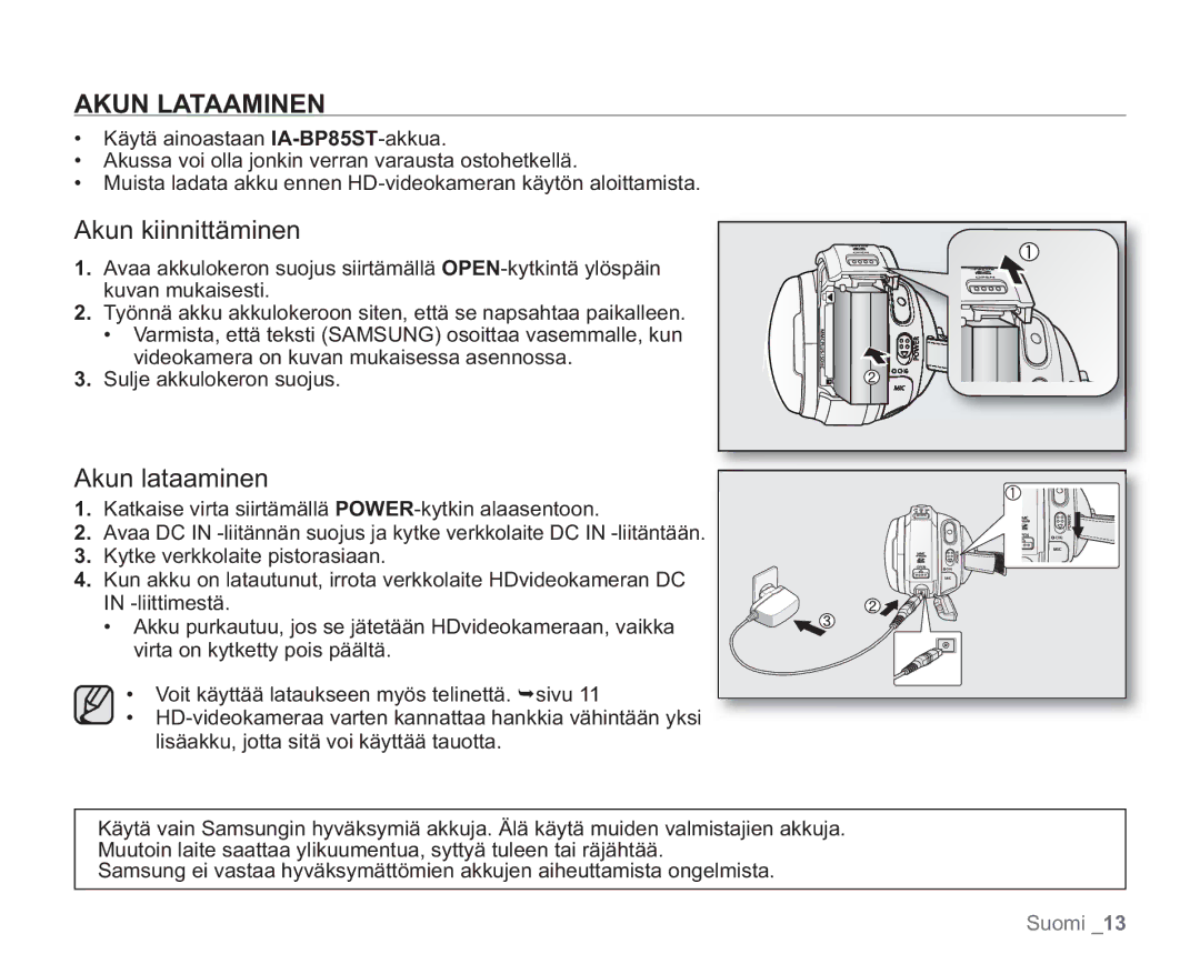 Samsung VP-HMX20C/XEE, VP-HMX20C/EDC manual Akun Lataaminen, Akun kiinnittäminen, Akun lataaminen 