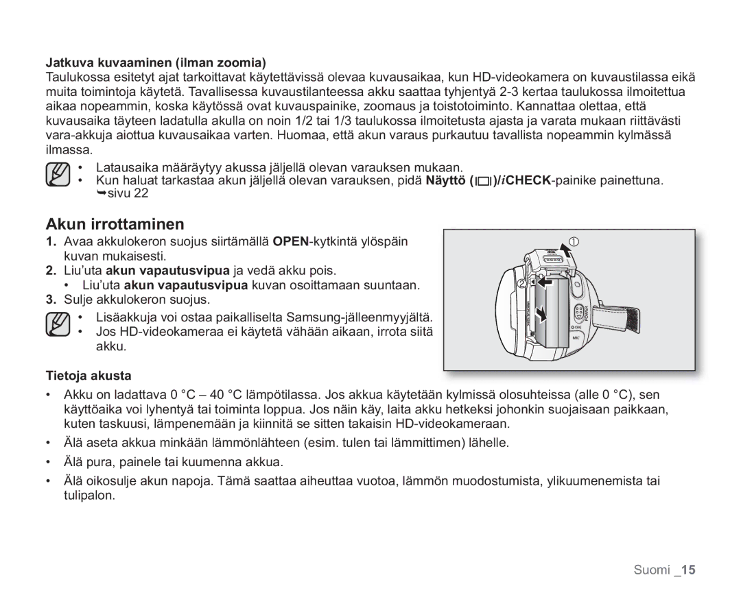 Samsung VP-HMX20C/XEE, VP-HMX20C/EDC manual Jatkuva kuvaaminen ilman zoomia, Tietoja akusta 